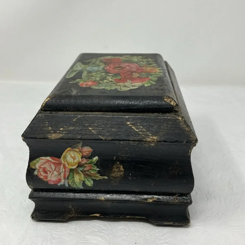 VINTAGE Rose/ Floral Decoupage Shellac Wooden Trinket Friendship Box w Lid